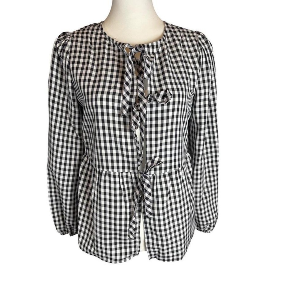 Casly Lamiit Gingham Peplum Blouse Black‎ White Tie Front XS NWT